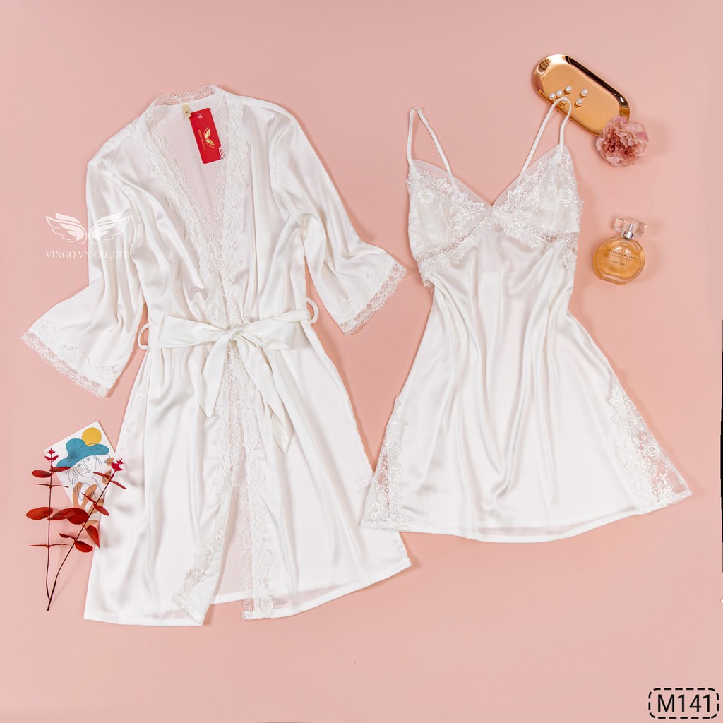 Set Áo Choàng Lụa Tay Lỡ Kèm Váy Ngủ VINGO Hai Dây Cao Cấp Phối Ren Gợi Cảm Sexy Có Lót Ngực M141 VNGO | BigBuy360 - bigbuy360.vn