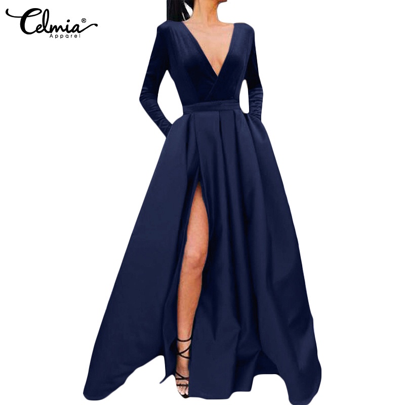 Đầm cổ chữ V Celmia phối xẻ tà eo cao thời trang gợi cảm dành cho nữ
