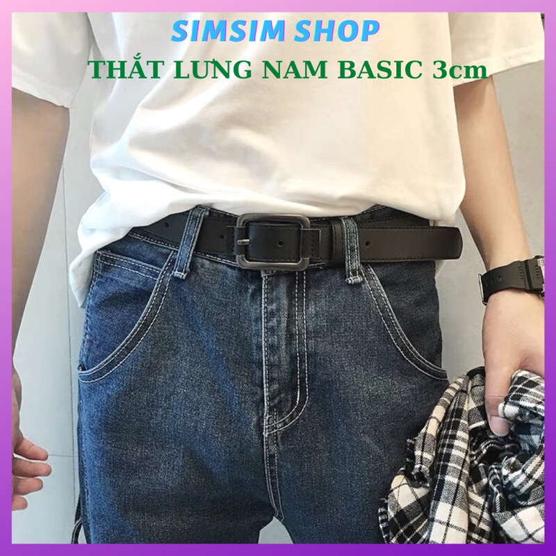 Thắt lưng nam TLN001 da đi học đi làm trẻ trung Sim sim shop - dây nịt Nam Nữ Mặt Vuông chữ nhật thời trang bản to 3cm