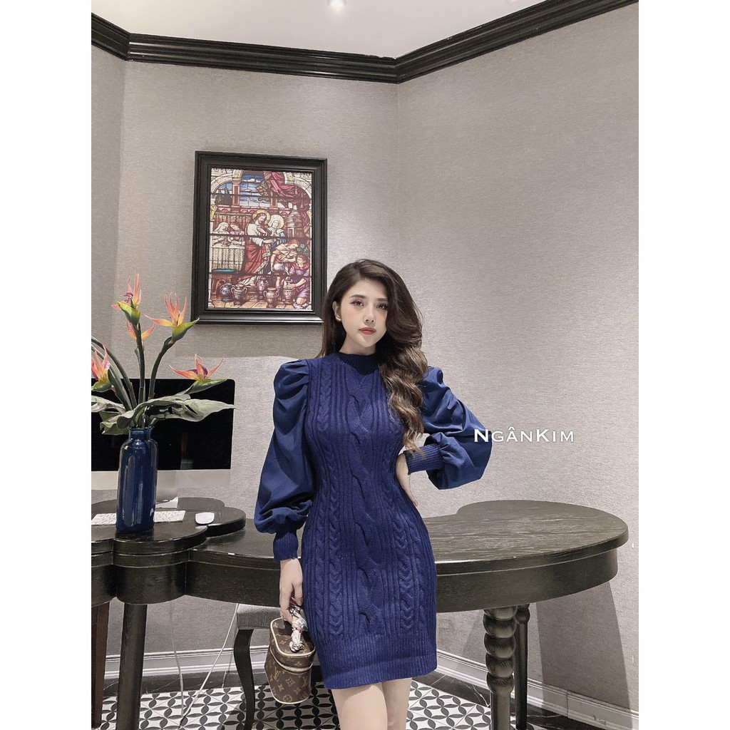 Váy Ôm Body Chất Len Vặn Thừng Phối Tay Bồng Bo Cổ Tay Chất Len Dày Dặn Hàng Quảng Châu Loại 1,Siêu Đẹp, Si | BigBuy360 - bigbuy360.vn