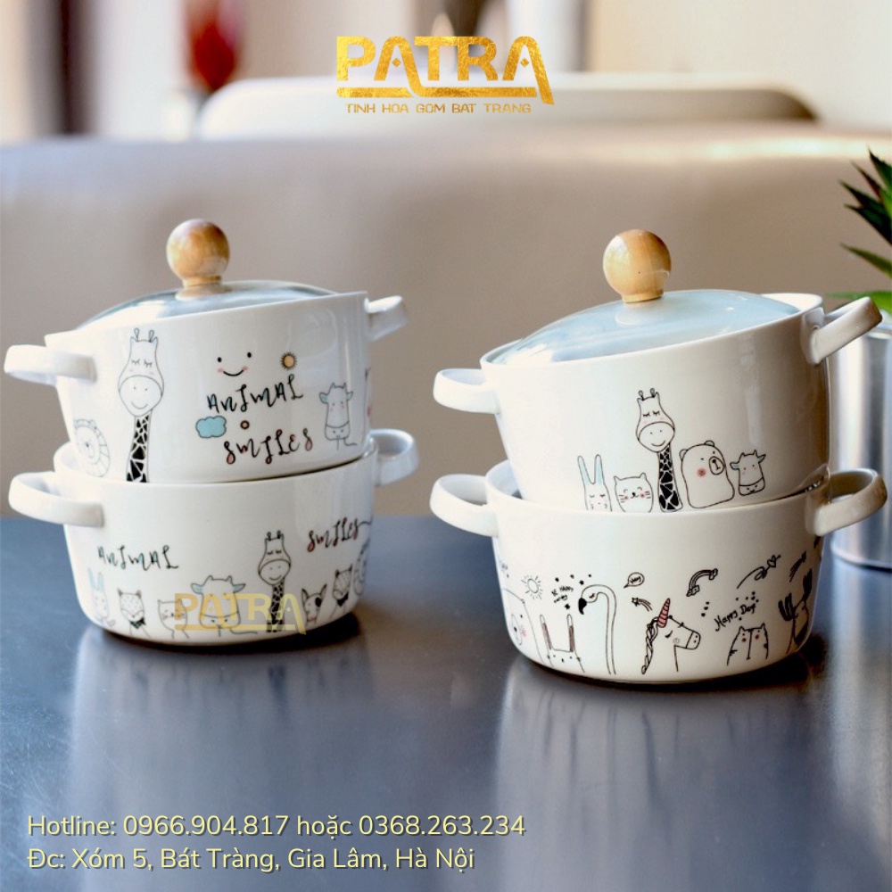 Tô ăn mì, bát ăn dặm có nắp họa tiết dễ thương - 900ml