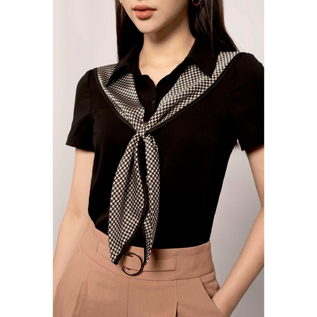 Áo sơ mi cổ đức, cộc tay, phối dây buộc kẻ caro nhỏ MMOutfit M-AO071021216