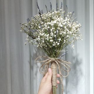 [ Hoa Khô ] Bó hoa baby khô trắng mix lavender, dây gai vintage phù hợp làm hoa decor, chụp ảnh