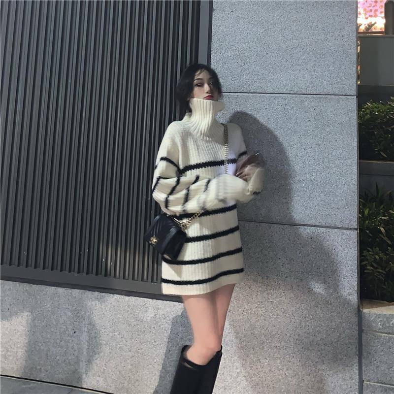 Áo Sweater Dệt Kim Cổ Lọ Dáng Rộng Kẻ Sọc Kiểu Hàn Quốc Thời Trang Năm 2018 Cho Nữ