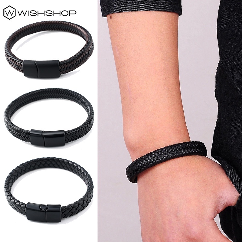 Vòng Tay Dây Da Bện Khóa Thép Không Gỉ Thời Trang Unisex