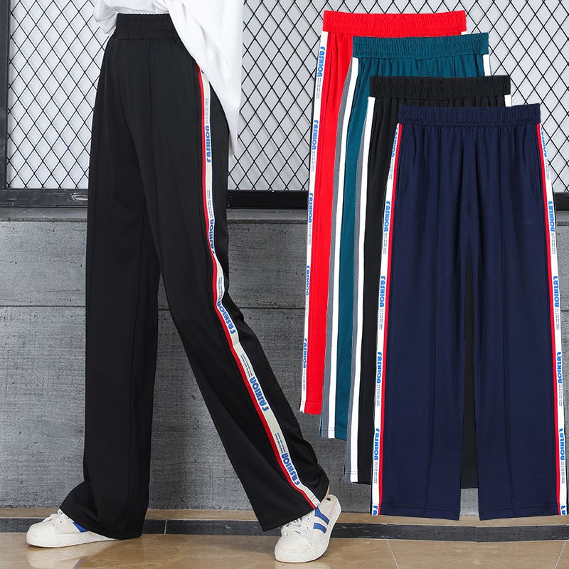 Women Striped Long Pants Elastic Waist Loose Straight Leg Sports Jogger Pants