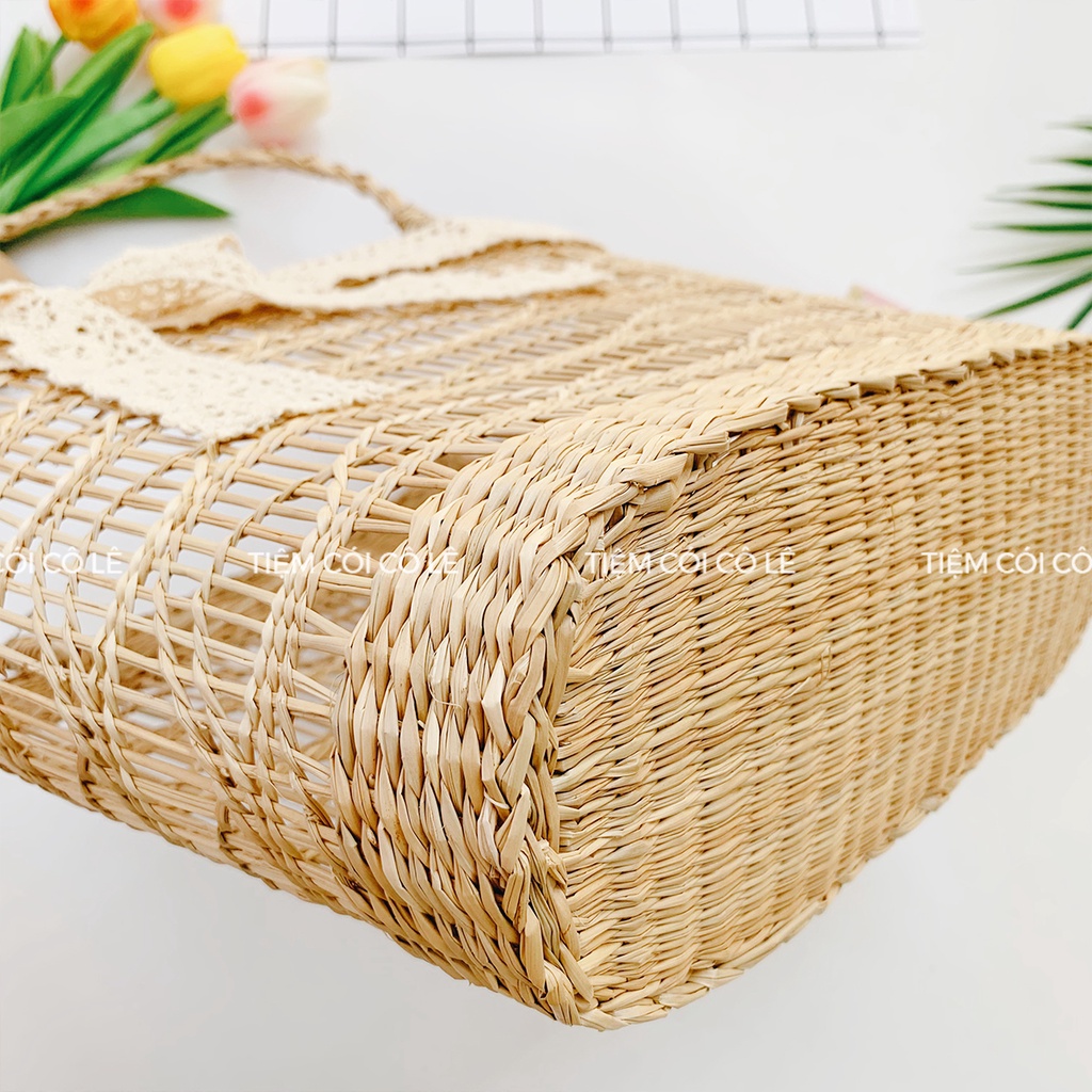 Làn cói đan thưa lượn sóng nơ ren cầm tay đi biển, chụp ảnh xinh xắn - Tiệm Cói Cô Lê