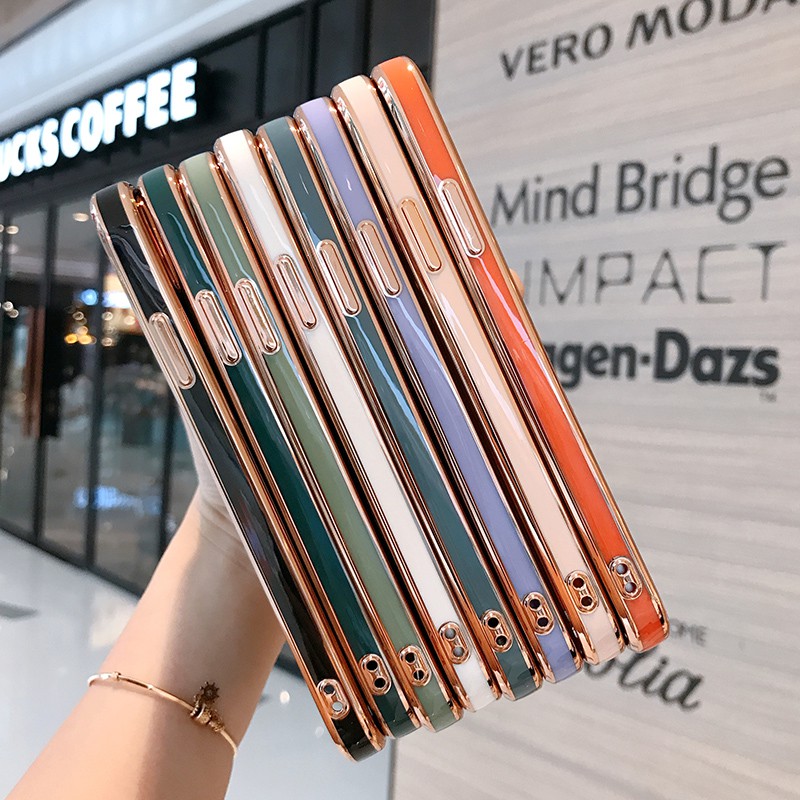 Ốp điện thoại mềm mạ vàng vuông nắp kính bóng sang trọng cho iPhone 12 11 Pro Max XS Max X XR 7 8 Plus SE 2020