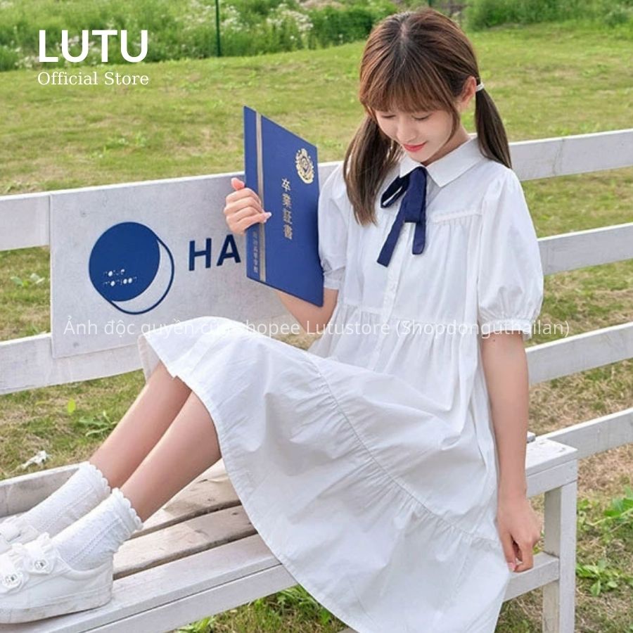 Váy Đầm Babydoll Xòe Tầng Sơ Mi Cổ Đức Kèm Nơ Siêu Xinh Chất Thô Mềm Cao Cấp