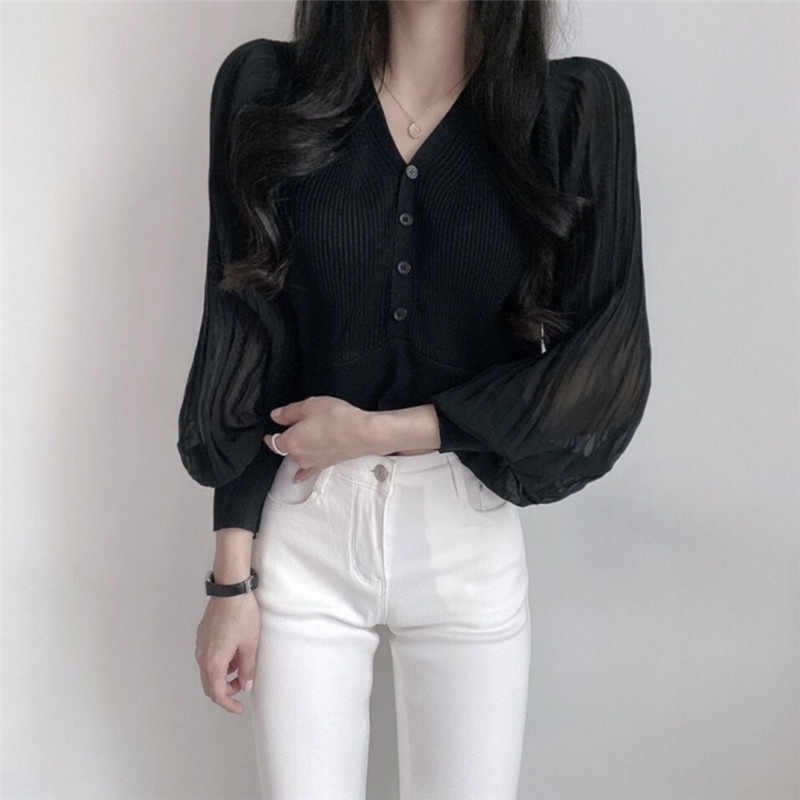 IELGY   Áo cardigan Cổ Chữ V Tay Phồng Phong Cách Thời Trang Pháp Dành Cho Nữ