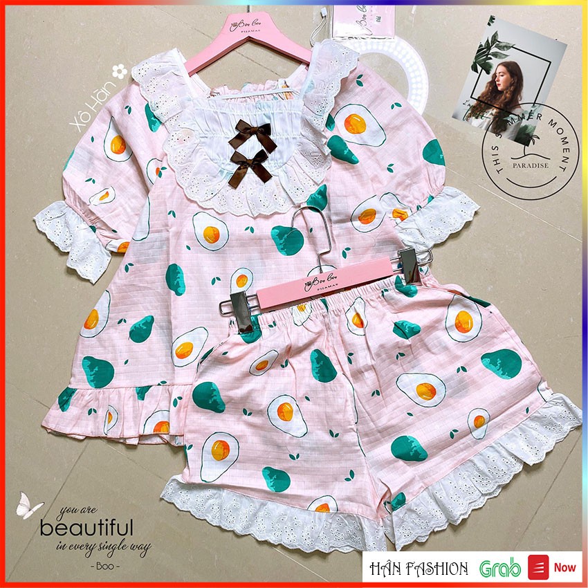 Bộ Ngủ Ren Xô Hàn – Đồ Ngủ Nữ Tay Ngắn Quần Ngắn Hoạt Tiết Đẹp | Hân Fashion | Ship Nhanh 2h | BigBuy360 - bigbuy360.vn