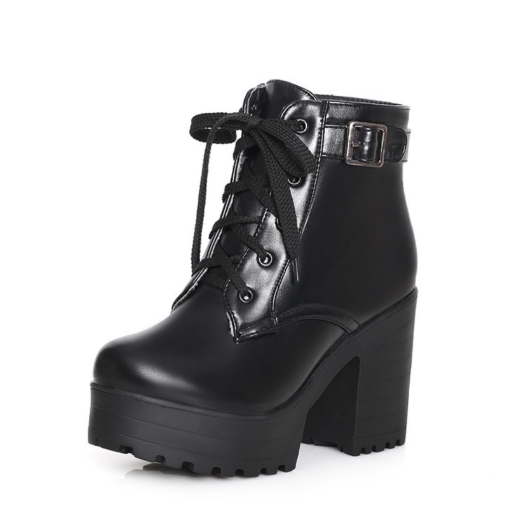 (Ảnh thật) Giày boot nữ cổ ngắn cổt dây màu đen đế thô 10cm GBN16301