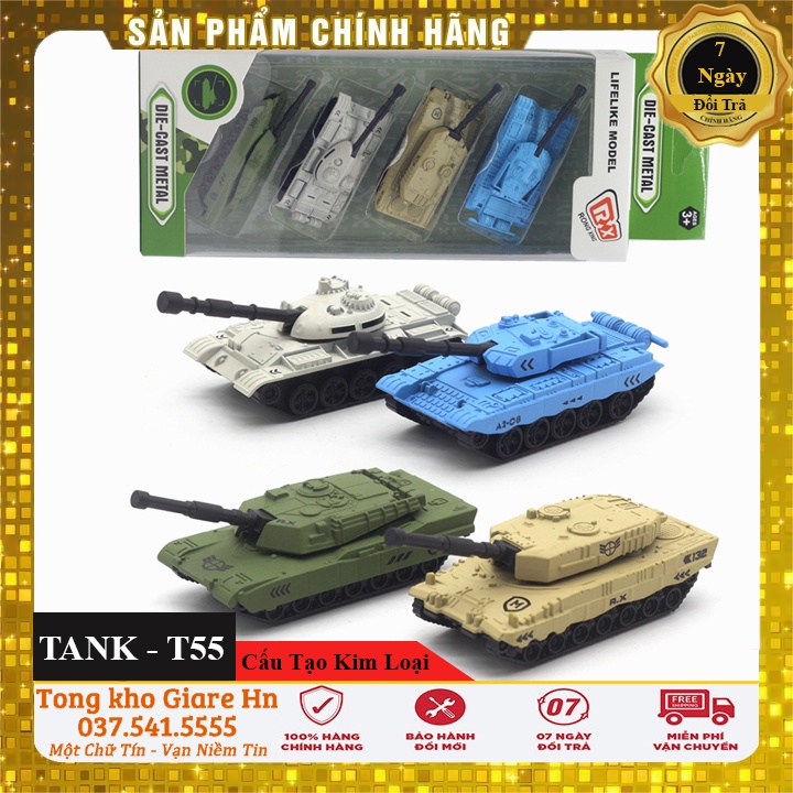 Bộ 4 chiếc xe tăng cho bé, Tank - T55 chất liệu kim loại, độ bền cực cao, tháp pháo điều chỉnh quay - lên xuống