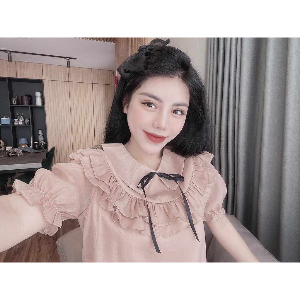 Áo sơ mi cổ sen bèo ngực thắt nơ tay ngắn bo chun 0ASM.00498