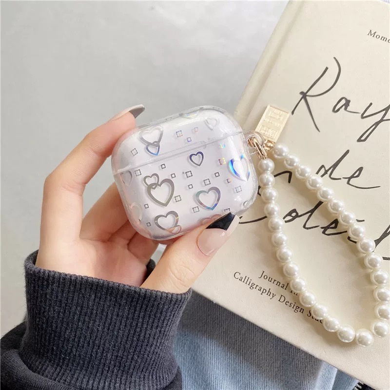 Vỏ case tim đổi màu mix móc ngọc, móc gấu sang chảnh - Ốp bảo vệ, bao đựng tai nghe airpods 1 2 3 PRO