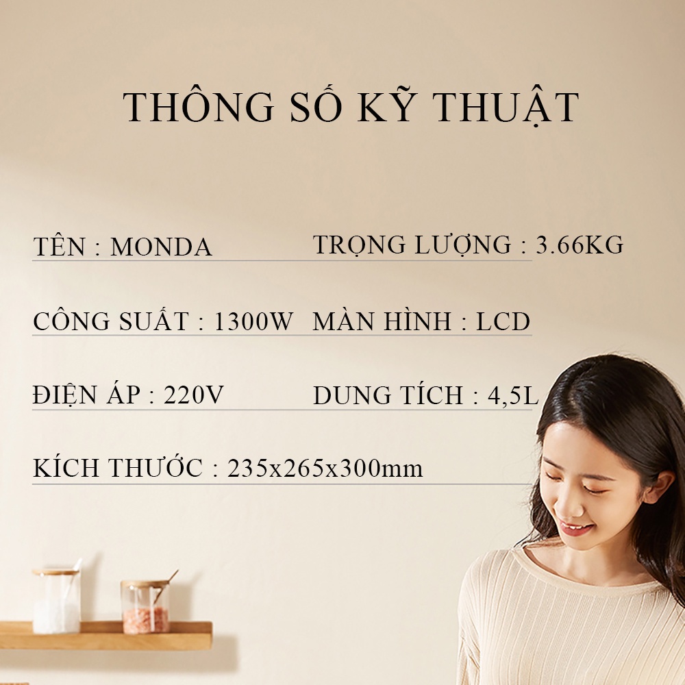 Nồi chiên không dầu màn hình điện tử cảm ứng, đa chức năng công nghệ Hàn Quốc siêu chống dính bảo hành 2 năm