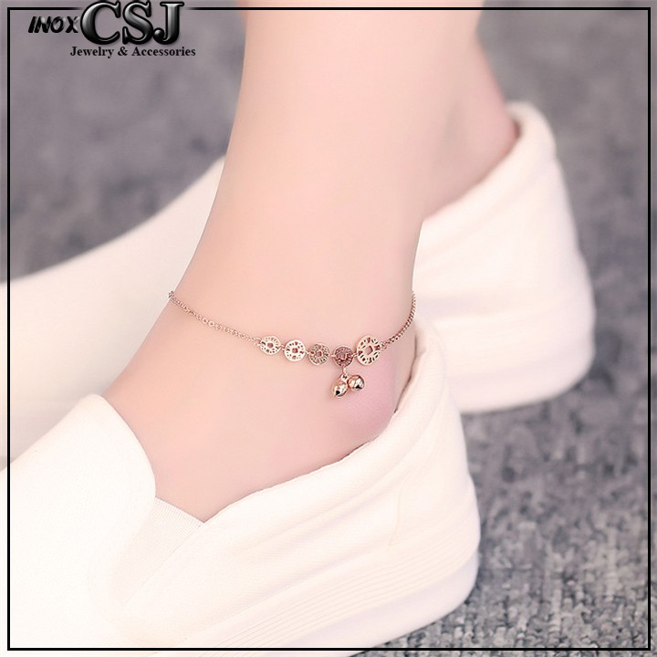 Lắc chân titan kim tiền có gắn chuông vàng hồng, chuẩn thời trang Hàn Quốc thumbnail