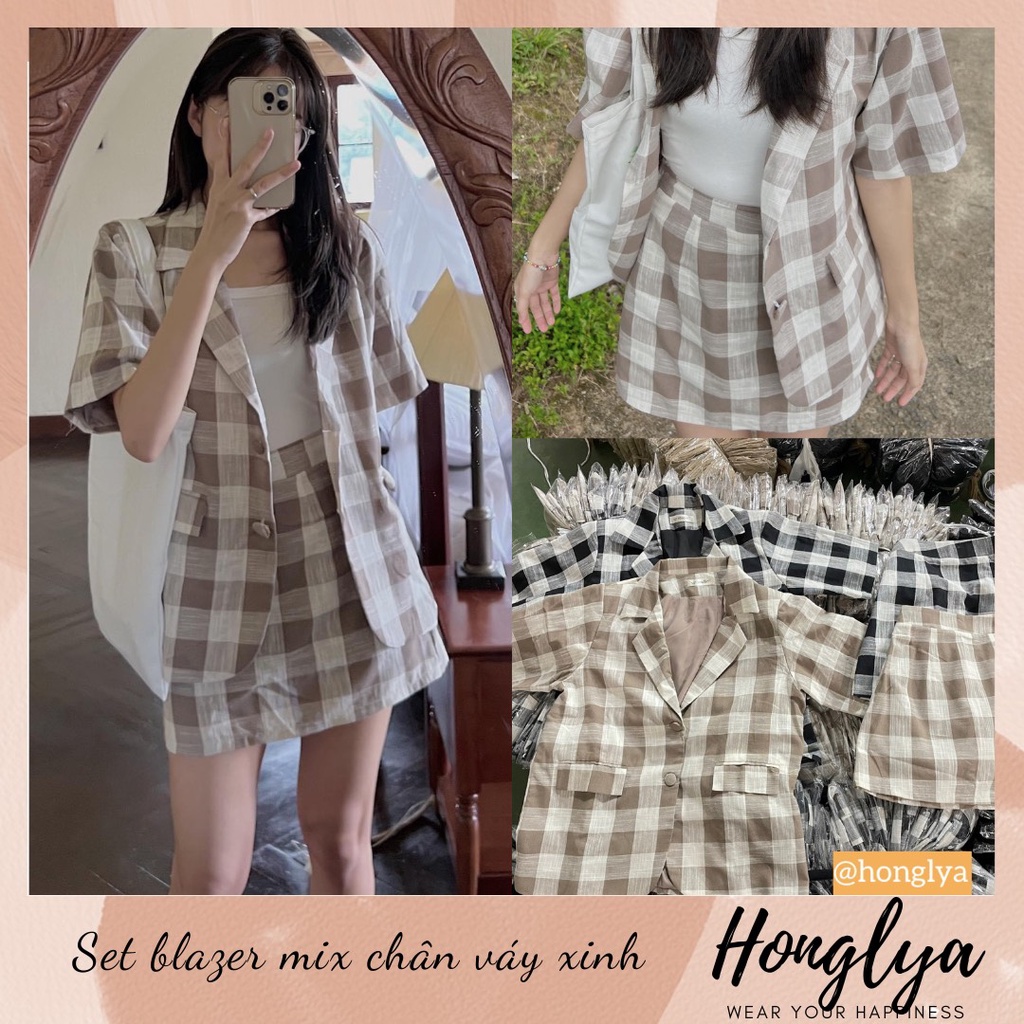 hàng sẵn - Set blazer mix chân váy kẻ caro to