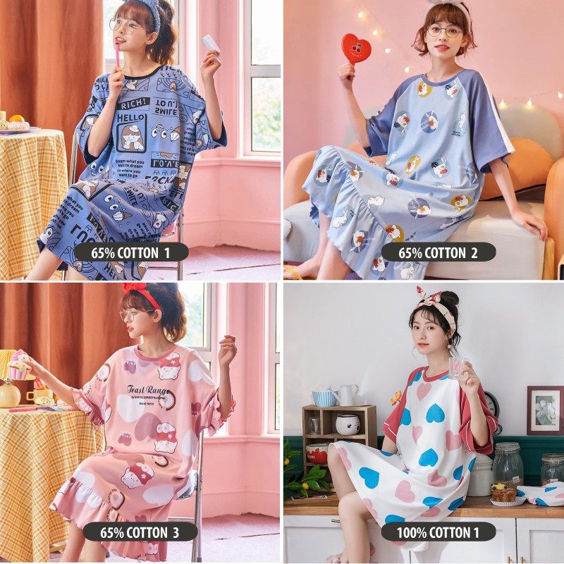 [100% COTTON] Váy Ngủ Cute Tay Ngắn 🌿 Bộ Mặc Nhà Nữ Mùa Hè Cotton Cao Cấp