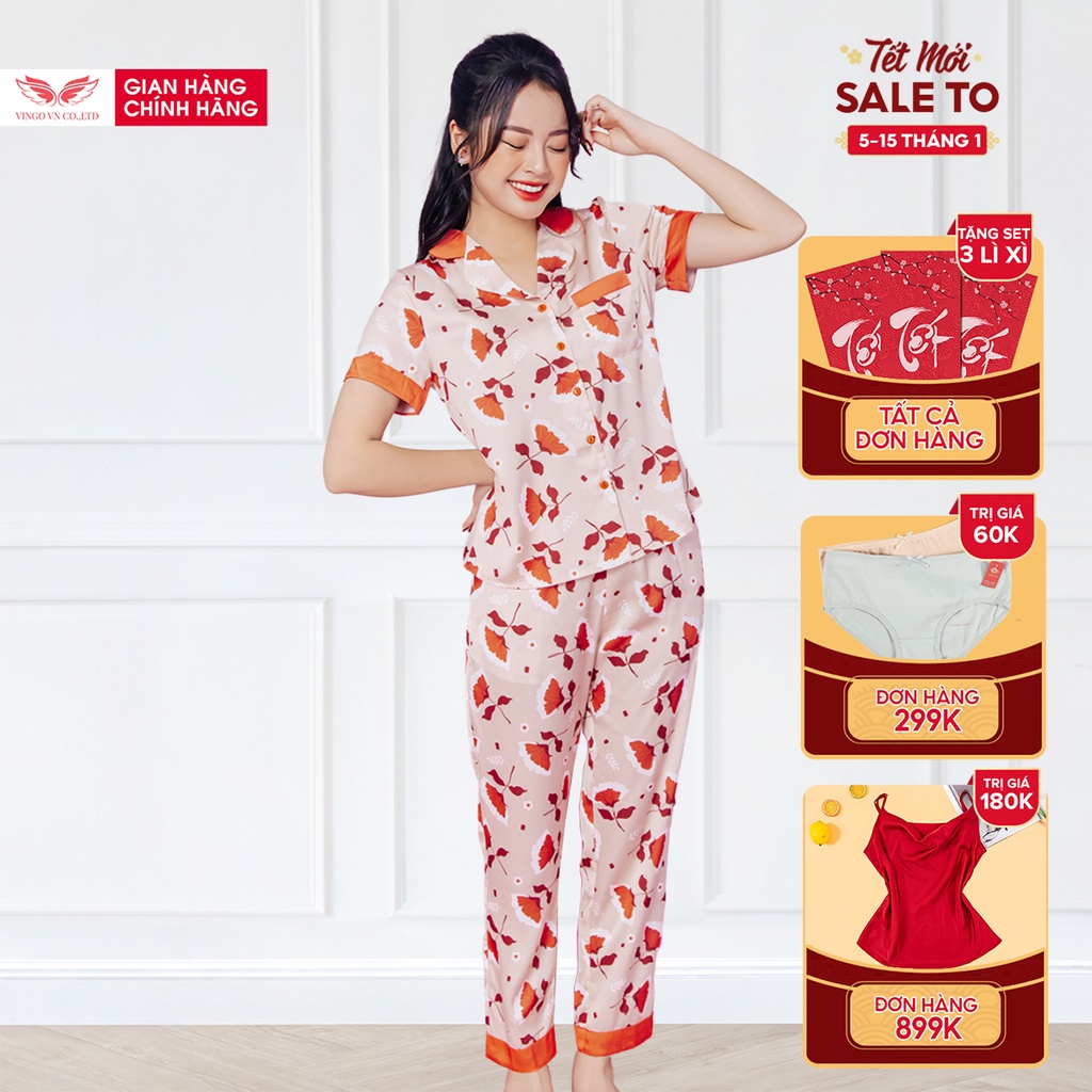 Bộ Đồ Pyjama Mặc Nhà Nữ VINGO Chất Liệu Lụa Pháp Cao Cấp Tay Cộc Quần Dài Họa Tiết Lá Ngân Hạnh Cam H530 VNGO - TCQD | BigBuy360 - bigbuy360.vn