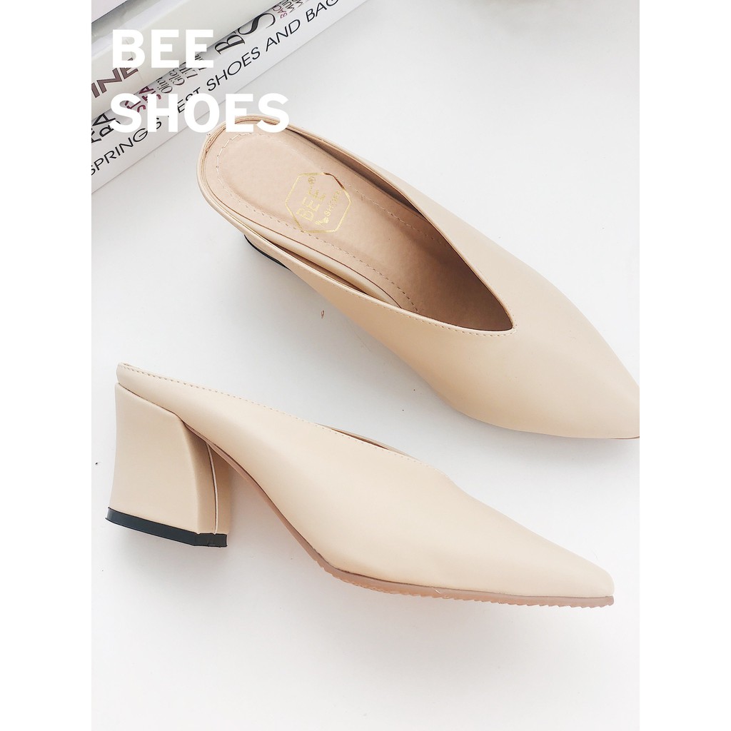 BEESHOES - SỤC MŨI NHỌN DA MỀM GÓT TRỤ CAO 7 PHÂN - SỤC MŨI NHỌN CỰC DỄ ĐI THOẢI MÁI SẴN MÀU ĐEN KEM TRẮNG 201051
