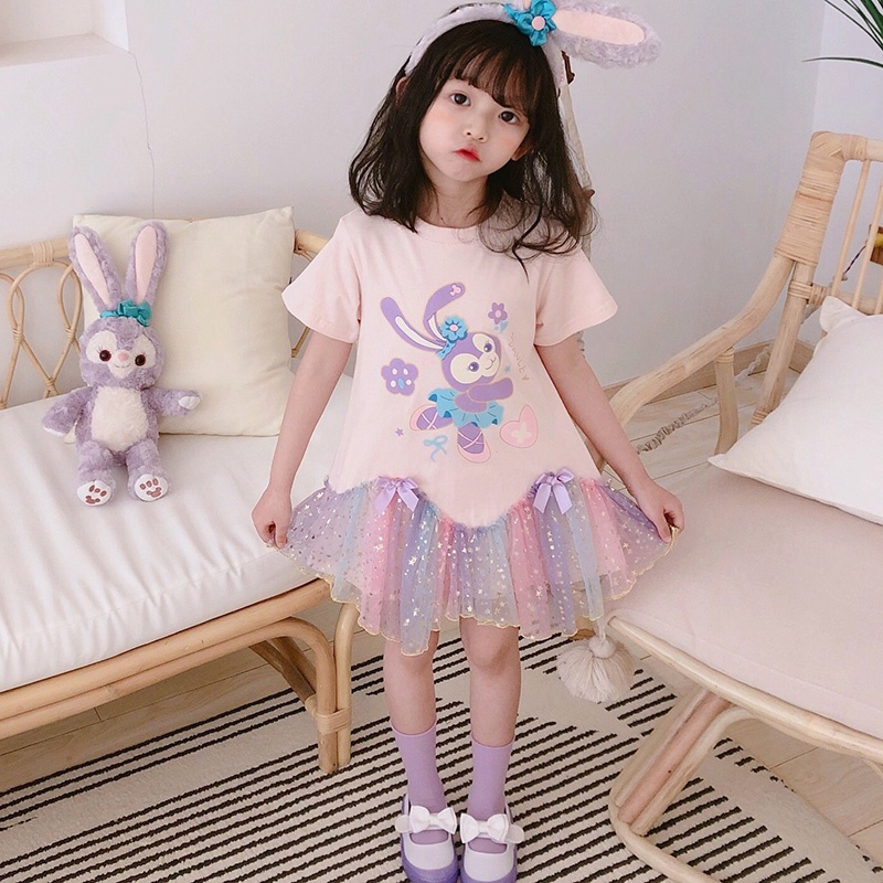 Đầm Lưới Tay Ngắn In Họa Tiết Hoạt Hình Thời Trang Xinh Xắn Cho Bé Gái