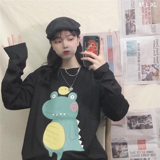 Áo thun tay dài form rộng cá sấu gà ulzzang thu đông UNISEX màu đen