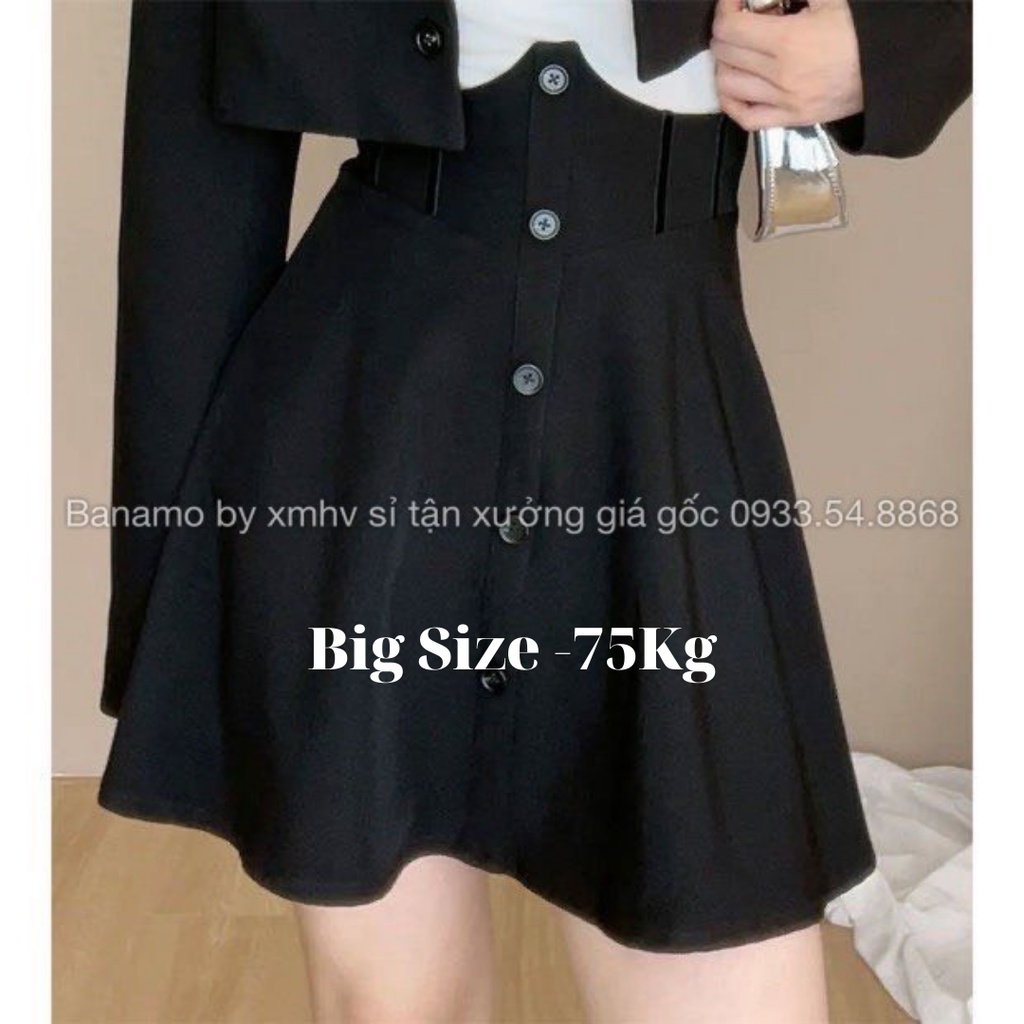 Chân váy bigsize Banamo fashion cạp cao phối nhung cúc dọc tôn dáng chân váy xòe bigsize 5323