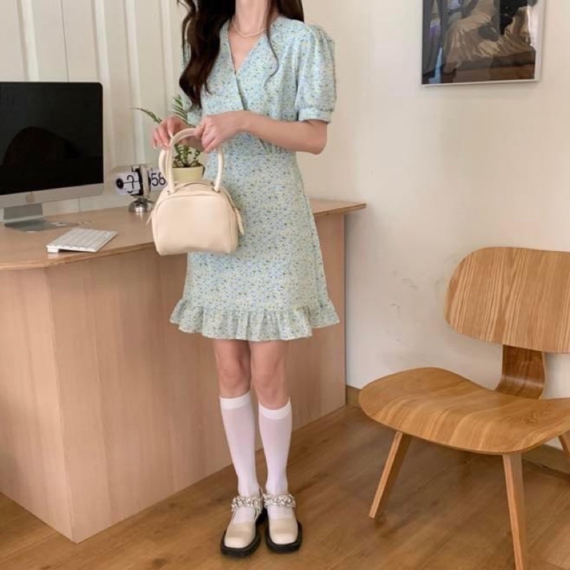 Đầm kiểu ngắn/maxi dài nữ suông hoa nhí vạt ngực đắp chéo voan bèo tiểu thư - Order taobao quảng châu