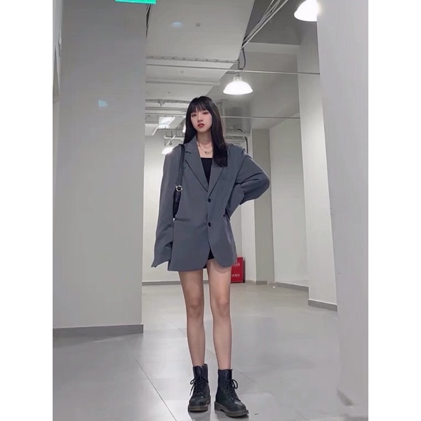 ÁO KHOÁC BLAZER FORM RỘNG MÀU XÁM CÓ ĐỆM VAI