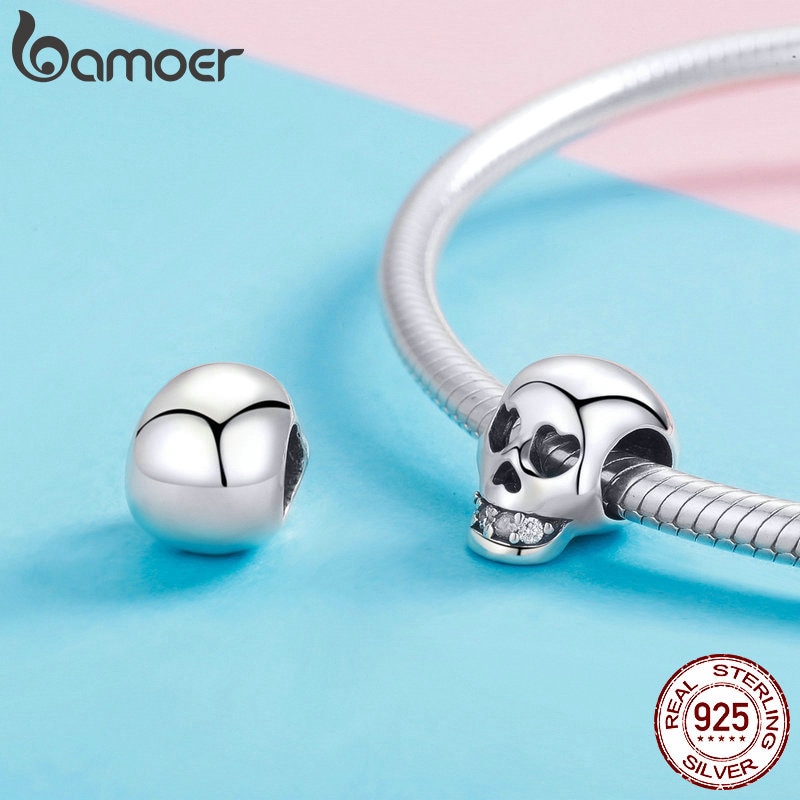 Hạt cườm Bamoer bạc 925 hình đầu lâu đính kim cương nhân tạo làm trang sức