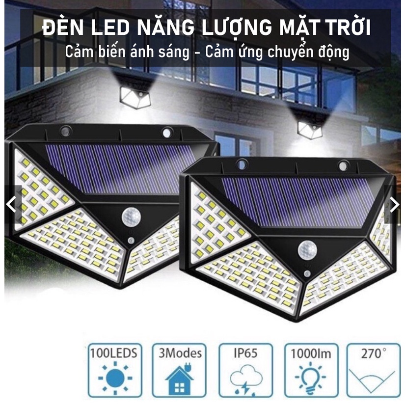 Đèn LED Năng Lượng Mặt Trời 100 Led Chống Nước Cảm Biến Chuyển Động, Cảm Ưng Người, SIÊU SÁNG