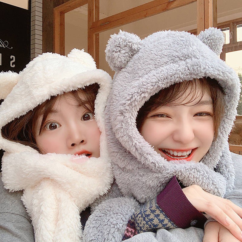 Set Mũ len kèm khăn quàng cổ giữ ấm hình tai gấu đáng yêu phong cách Hàn quốc 4 màu xinh xắn