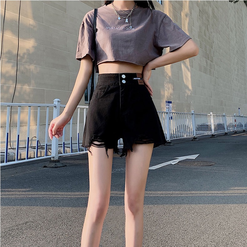 Quần Short Denim Lưng Cao Màu Đen Phong Cách Retro Hàn Quốc Thời Trang Cho Nữ