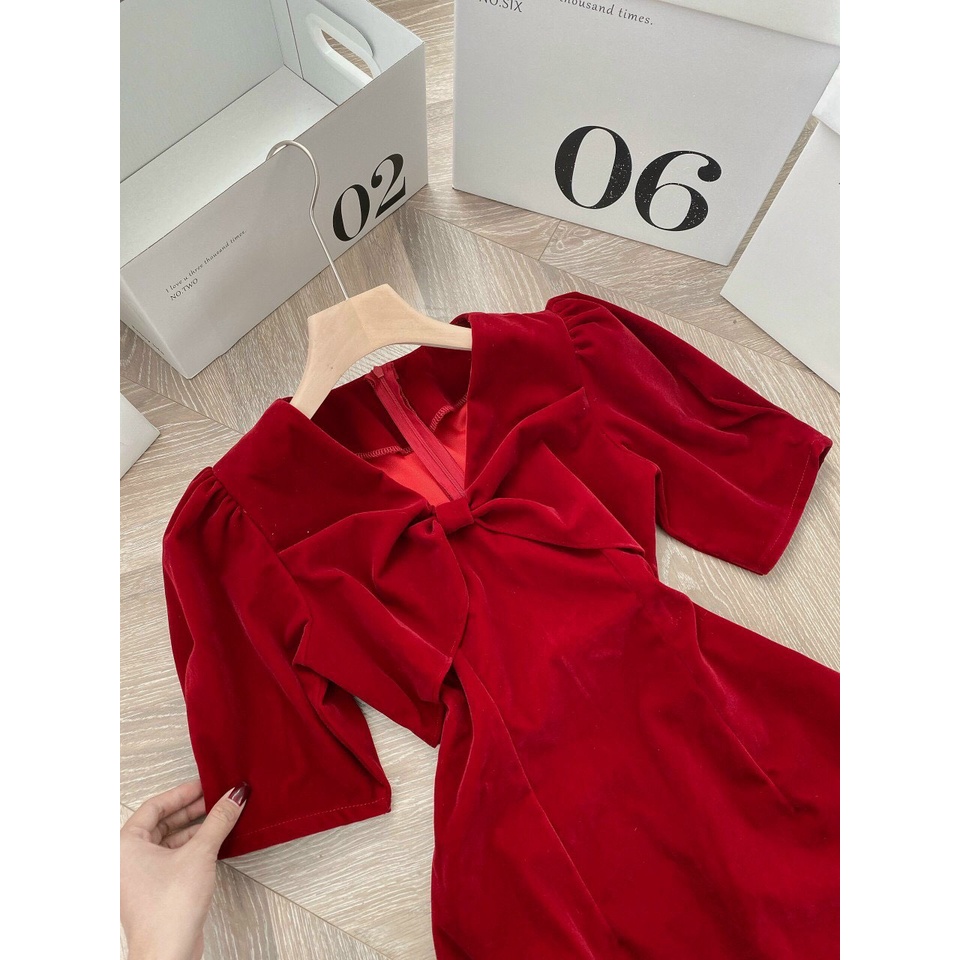 Váy nhung đỏ, đầm tiểu thư cổ v phối nơ ngực cực xinh chất nhung cao cấp mềm mại ấm áp cho mùa noel Tây Thi Shop | BigBuy360 - bigbuy360.vn