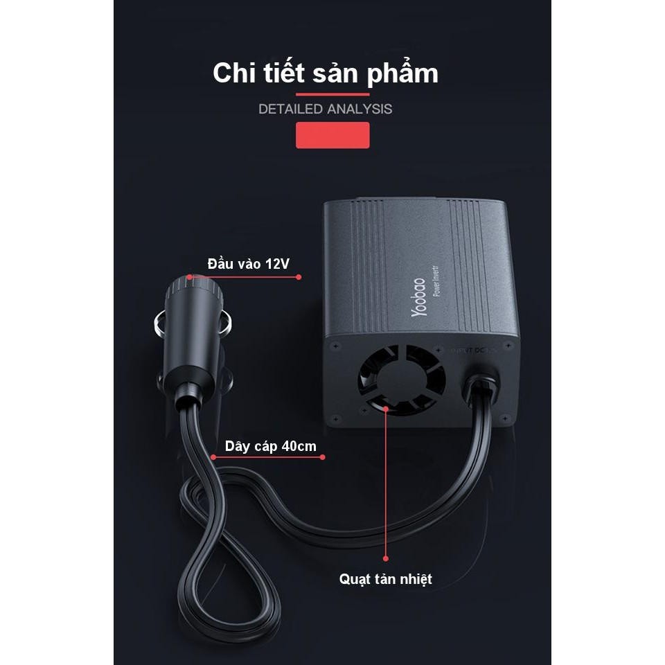 Bộ biến tần ô tô Yoobao 150W Yo_5266 hỗ trợ Đảo ngược 220V cho tất cả các xe ô tô đều tương thích - Chính Hãng