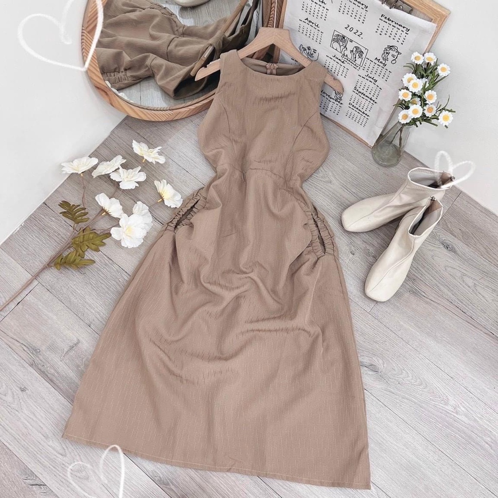 [8.8 Sales Freeship] Đầm lụa nữ vintage. đầm sát nách dáng suông dài phối túi hông nhẹ nhàng, quyến rũ