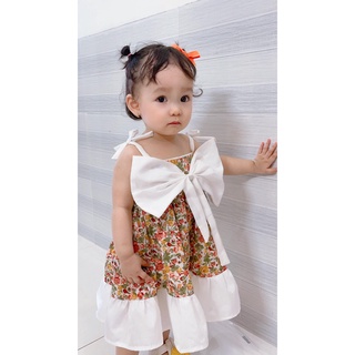 (Rẻ Nhất Tphcm ) Váy Đầm Hoa Nhí Nơ Đính Ngực Cho Bé Gái Xinh Xắn
