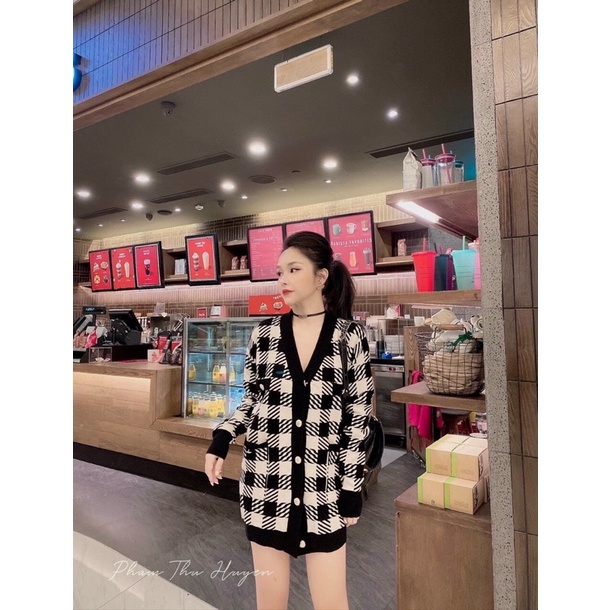 Maihuong ⚡️ ÁO LEN CADIGAN KẺ Ô DÁNG DÀI CÀI CÚC QC CHO NỮ