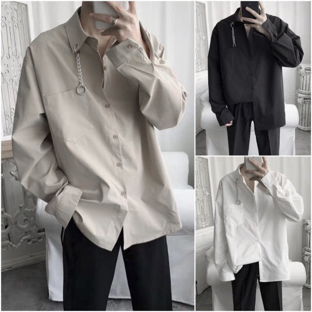 [Mã SRJULY1619 giảm 15K đơn 50K] Áo sơ mi form rộng unisex phối khoen cổ độc lạ - Sơ mi nam tay dài ulzzang Hàn Quốc