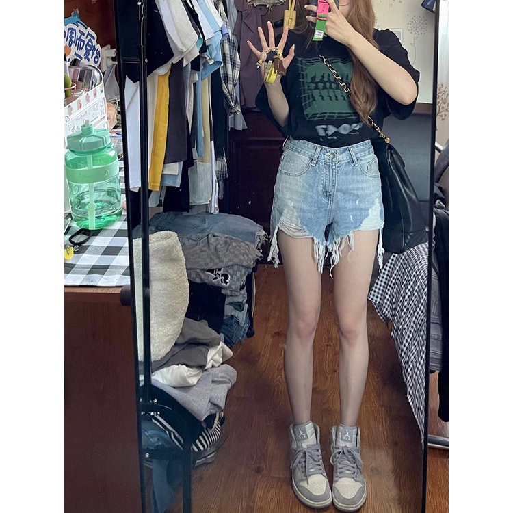 Cocory vn Quần Short Jean Rách Vintage Cho Nữ
