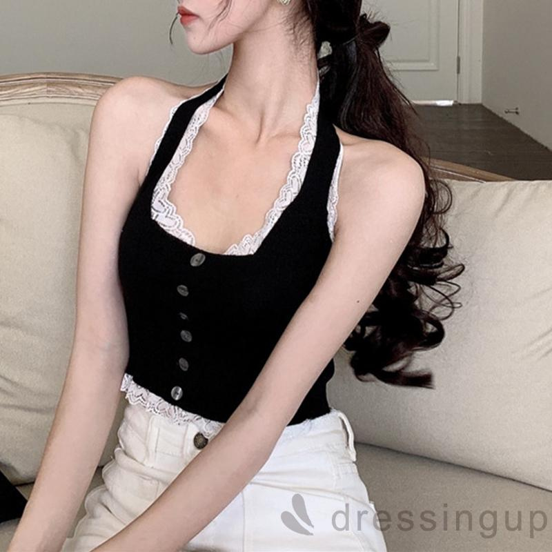 Áo ba lỗ croptop nữ màu phối ren trang trí nút áo phía trước