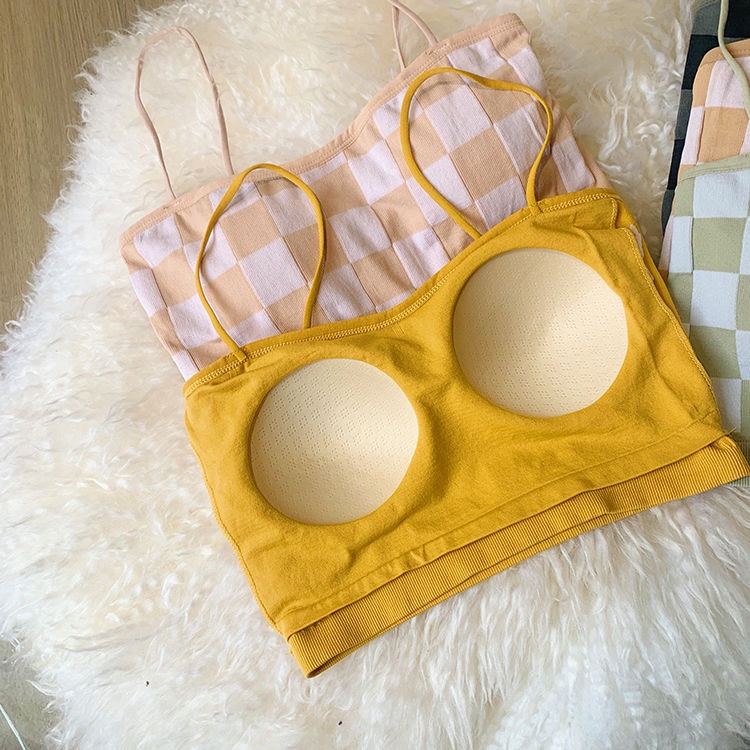 Áo Lót Hai Dây Không Đường May In Họa Tiết Sọc Ca Rô Thời Trang 2022 Cho Nữ