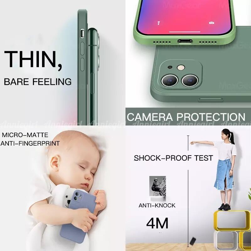 Ốp lưng silicon mềm dáng vuông bảo vệ ống kính camera màu trơn cho iPhone 12 11 Pro Max X Xs Max XR 6 8 7 Plus SE 2020