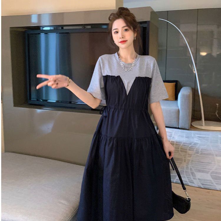 Đầm Tay Ngắn Dáng Rộng Cột Dây Eo Màu Sắc Tương Phản Phong Cách Hàn Quốc Thời Trang Mùa Hè Xinh Xắn Cho Nữ