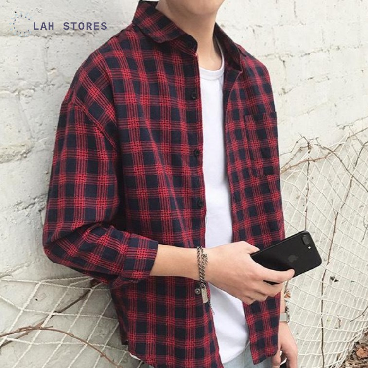 Áo sơ mi nam form rộng dài tay kẻ caro phong cách Hàn Quốc | BigBuy360 - bigbuy360.vn