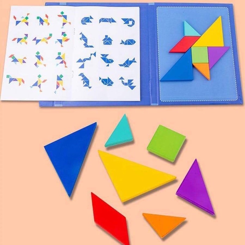 Đồ chơi cho bé Xếp hình gỗ Tangram nam châm có kèm sách, đồ chơi thông minh cho bé tư duy phát triển trí tuệ