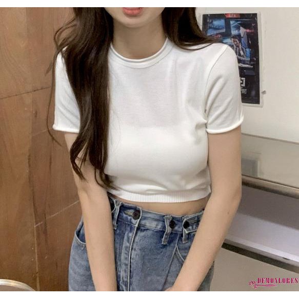 Áo thun tay ngắn cổ tròn hở lưng màu sắc đơn giản cho nữ