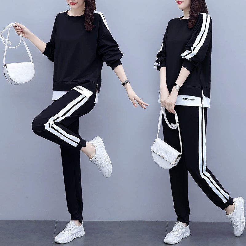 Bộ quần áo thể thao dài tay cổ tròn dáng rộng thời trang xuân thu hàng mới dành cho bạn nữ 2021