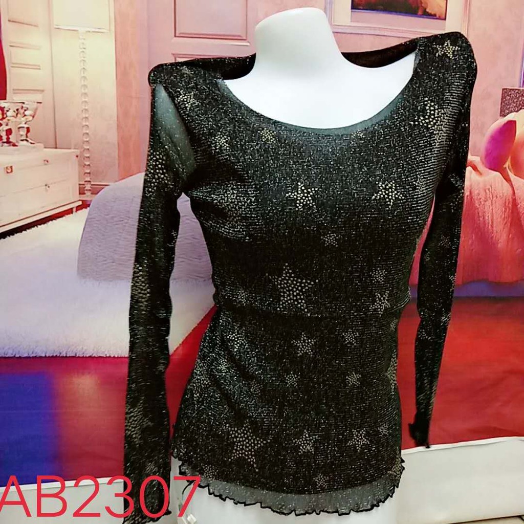 (AB2307) Áo lưới nữ họa tiết ngôi sao tay lưới cổ không viền phun kim sa | BigBuy360 - bigbuy360.vn